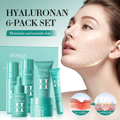 BIOAQUA Hyaluronic 6-Pack Set skincare products including serum, cream, and toners displayed next to a model with glowing skin and skin texture diagrams.